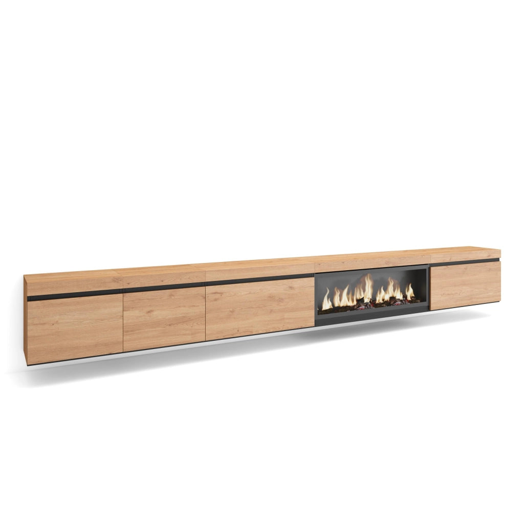 Mobile TV Soggiorno, 368x35x45, Camino elettrico XXL, da appendere, colore Rovere RF3695