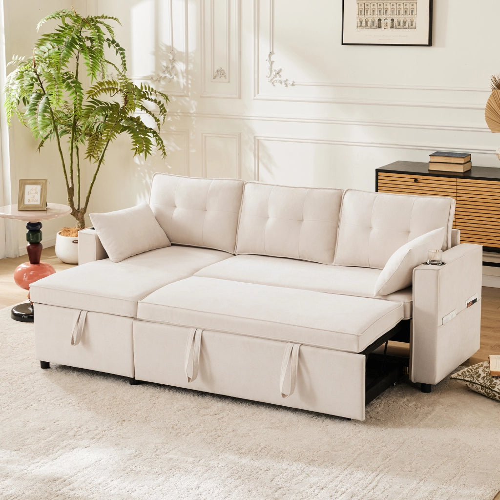 Divano Angolare Letto 3 Posti con Contenitore, Chaise Longue Reversibile, Portabicchieri, in Cotone Lino Beige