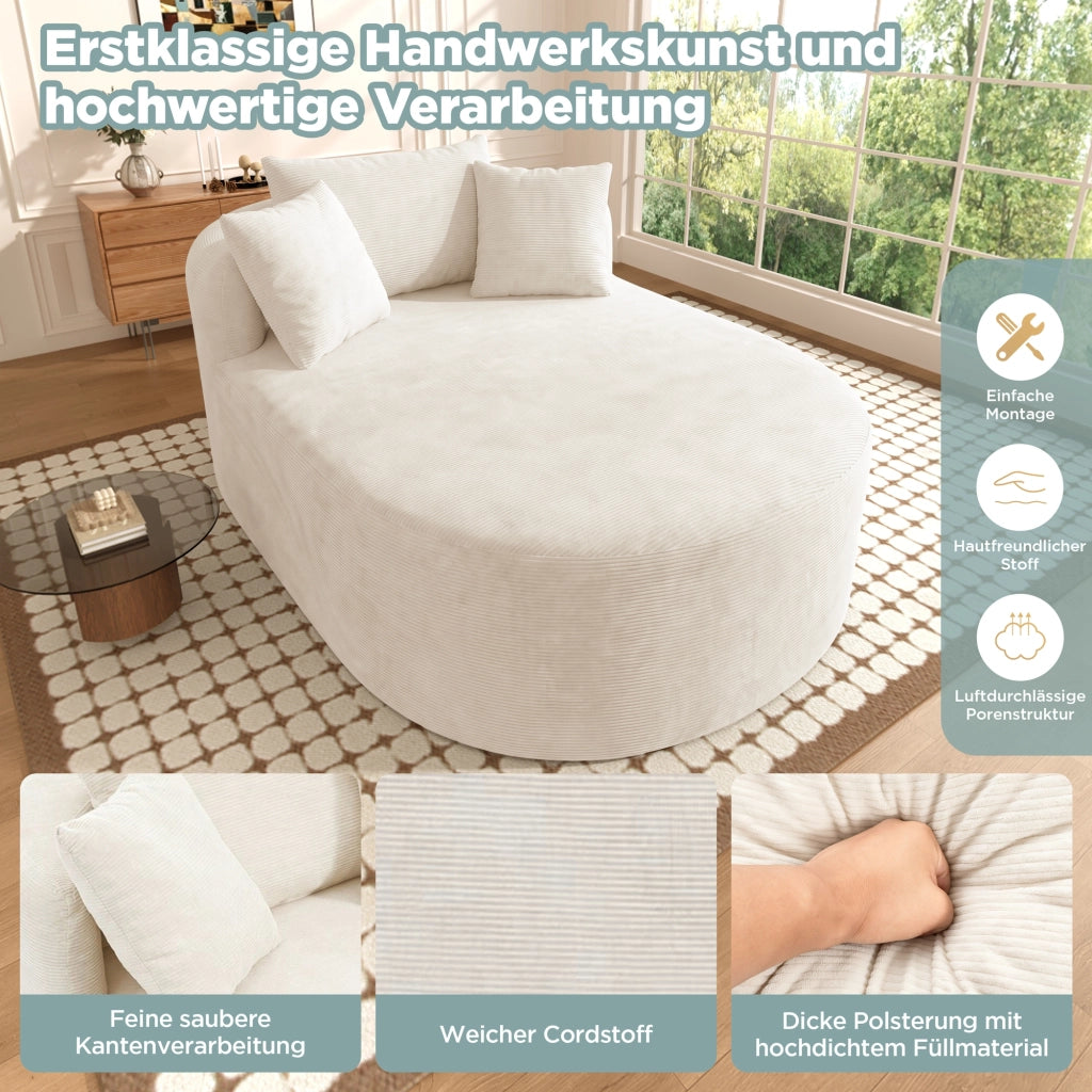 Poltrona relax ovale in velluto a coste con seduta profonda e cuscino morbido beige chiaro 170 × 112,5 × 83 cm
