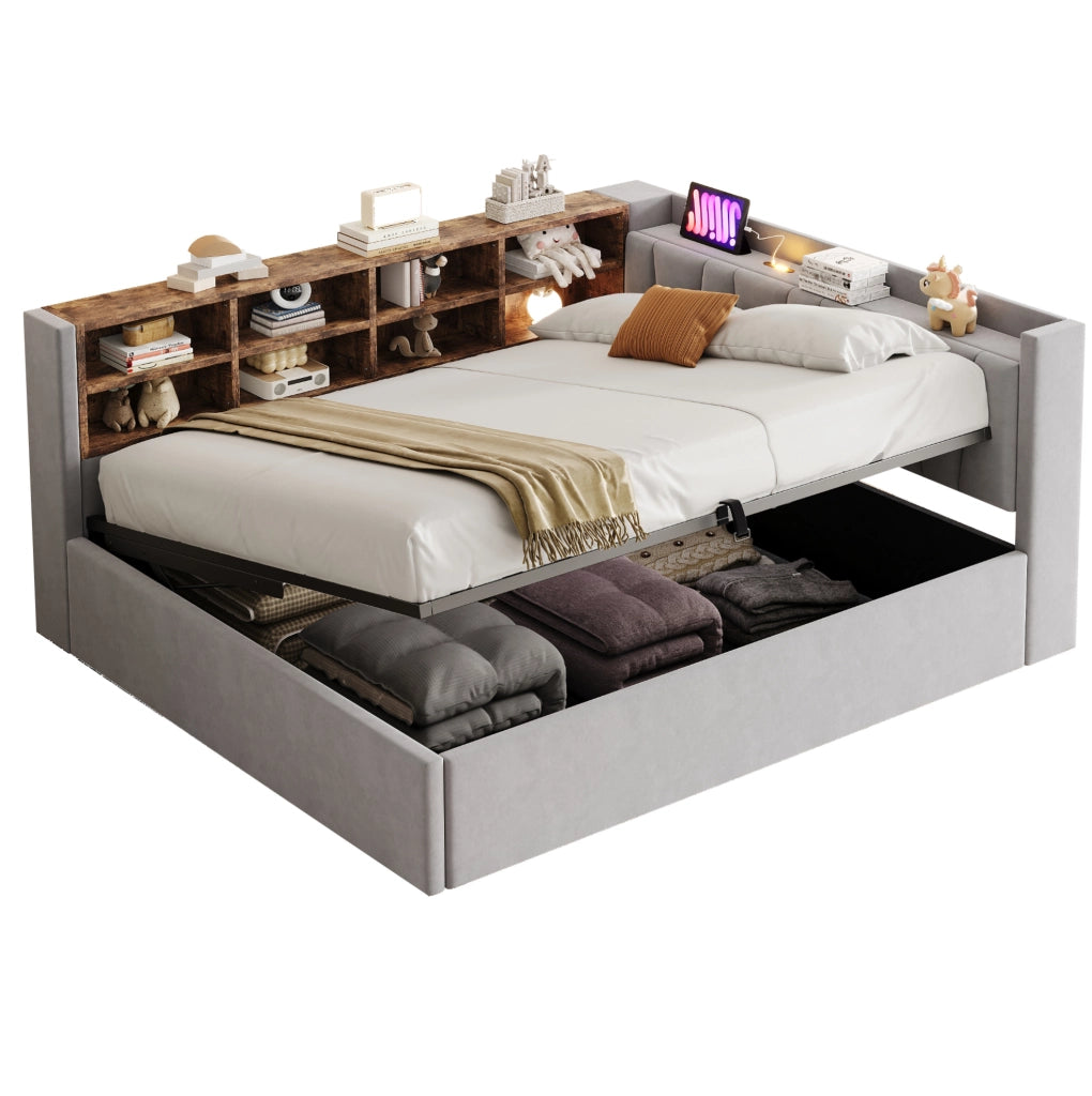 Letto imbottito 140x200 cm con contenitore idraulico e USB