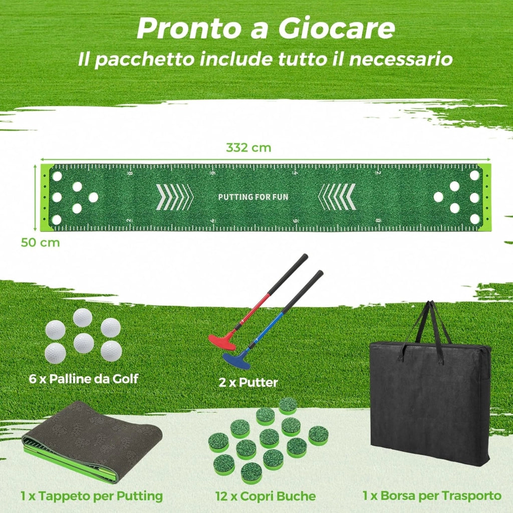 Putting Green, Set Gioco Golf Pong con 2 Putter Regolabili, 6 Palline e 12 Copri Buchi, Tappetino da Golf per Fester, Giardino e Casa, 332 cm x 50 cm