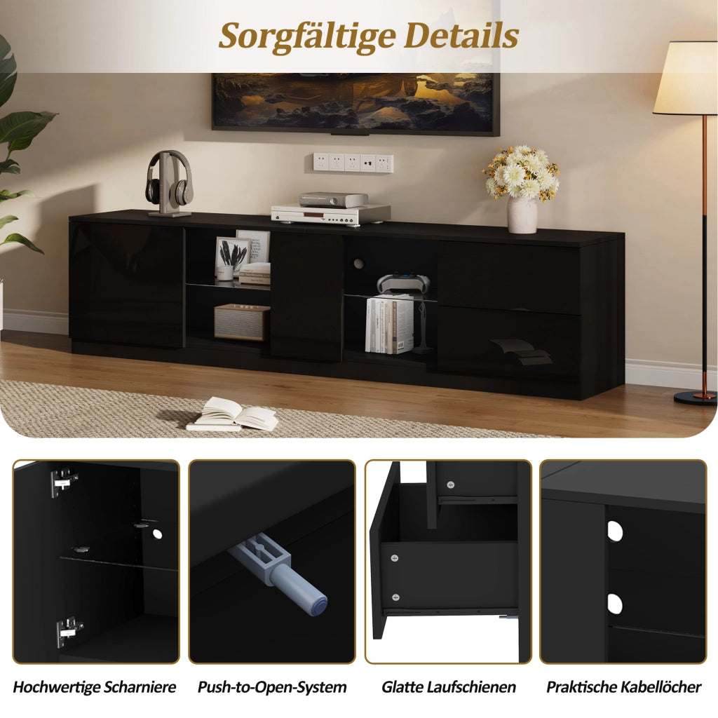 Mobile TV con 2 cassetti; 1 anta e LED - per soggiorno - 160 x 40 x 52 cm - nero