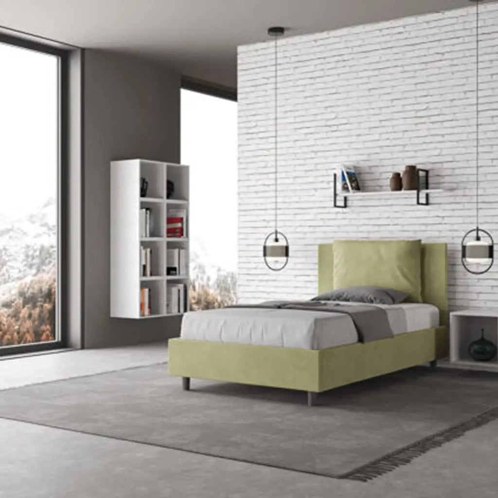 Letto una piazza e mezza con rete imbottito 120x200 microfibra tè verde Antea