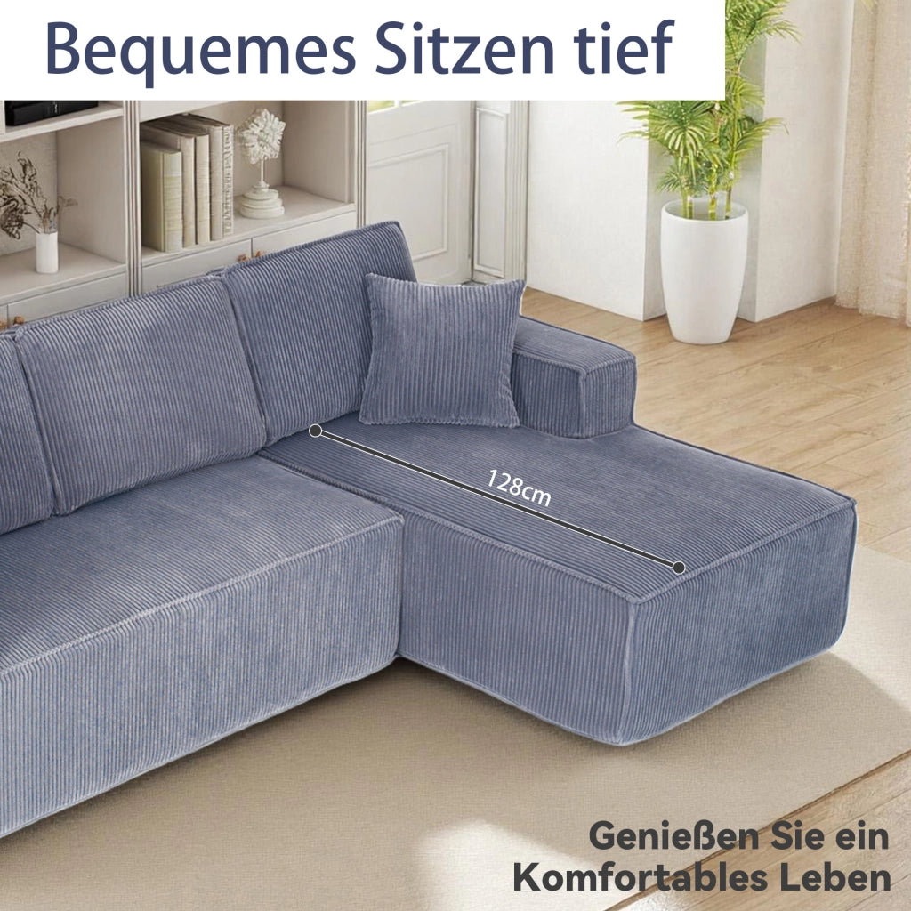 Divano angolare modulare a 2 posti con chaise longue in velluto a coste grigio e 2 cuscini inclusi