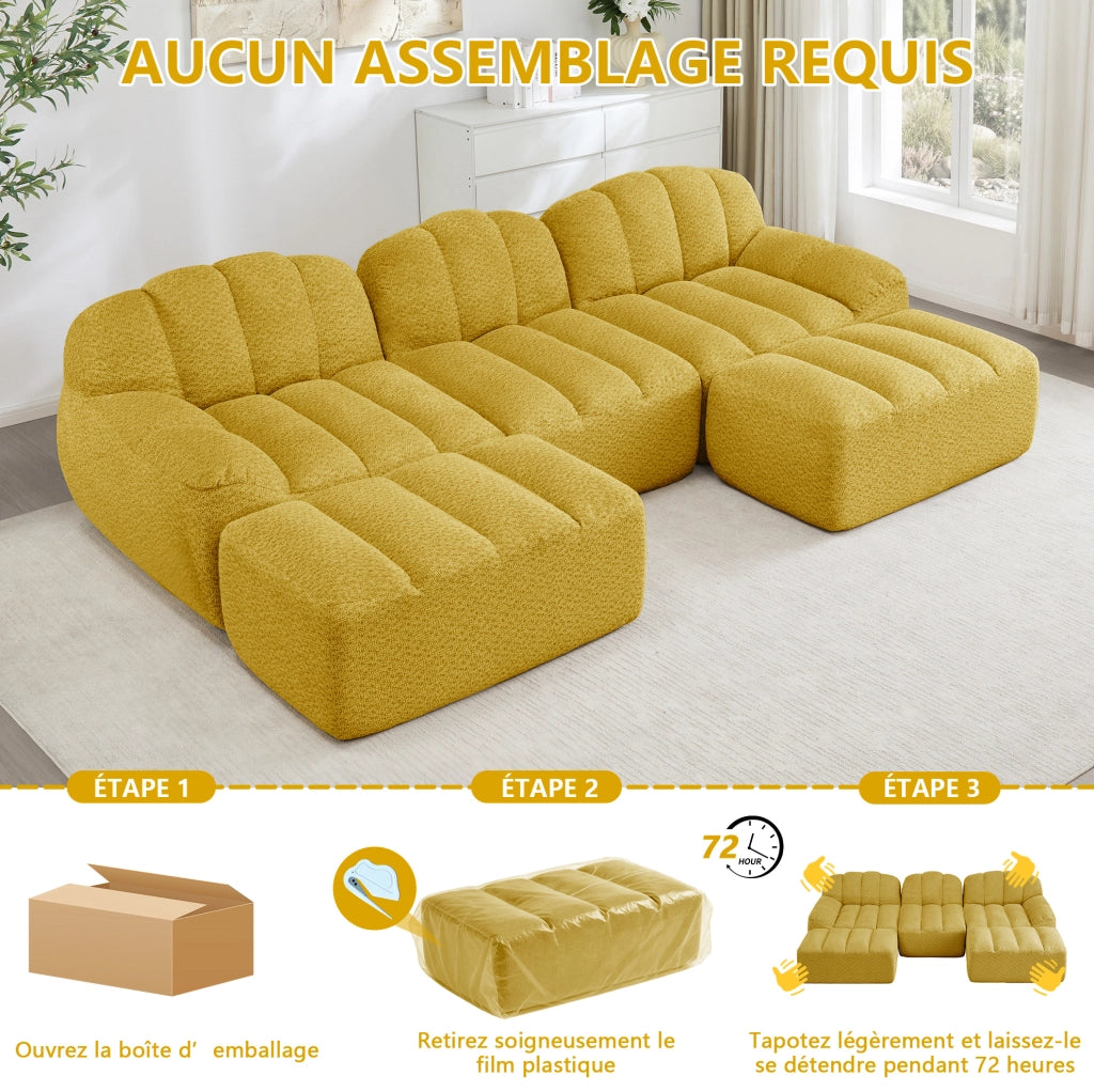 Divano modulare 2 posti senza struttura, design a conchiglia, cuscini profondi, colore giallo