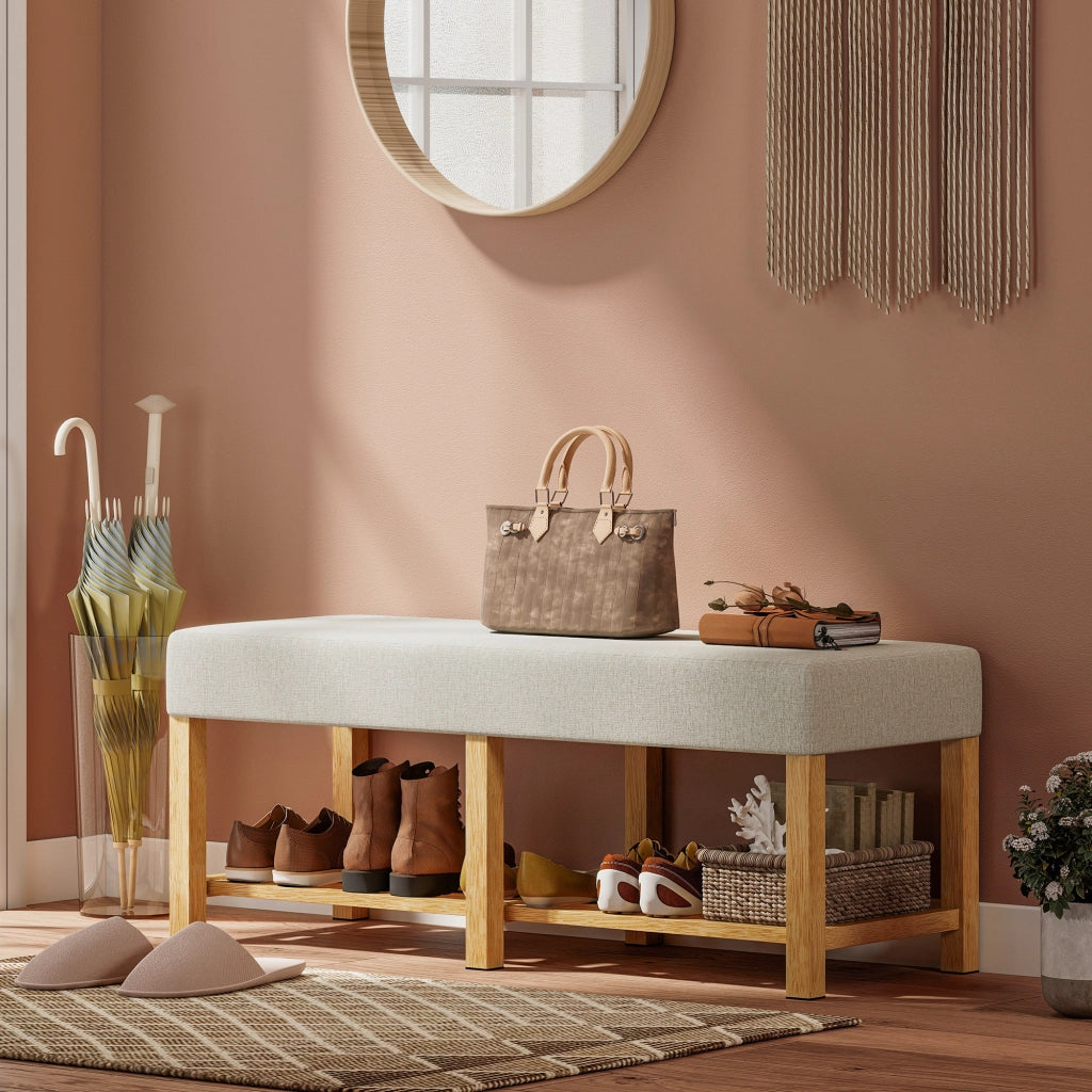 Panca con seduta imbottita e scaffale aperto per scarpe ¨C Minimal ¨C legno di hevea naturale 120x44x48 cm