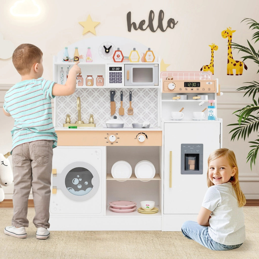 Set cucina per bambini con spazio di conservazione, Cucina in legno per gioco di cucina con accessori Bianco-Cucine giocattoli