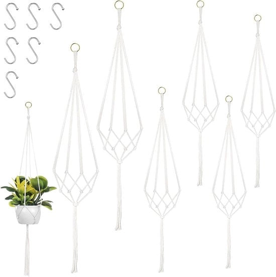 Set di 6 Corda Macrame per Piante - Appesi per Interno ed Esterno - 60 cm, 80 cm, 100 cm - con 6 PCS Ganci S - Appesi per Fiori per soffitto Interno, Balcone, Decorazione di Parete