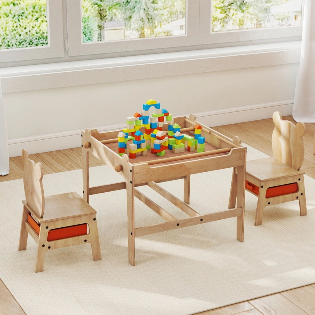 Set tavolo e sedie per bambini con lavagna reversibile bianca e nera per arti, Tavolo mobiletto in legno per bambini Legno naturale-Tavoli e sedie