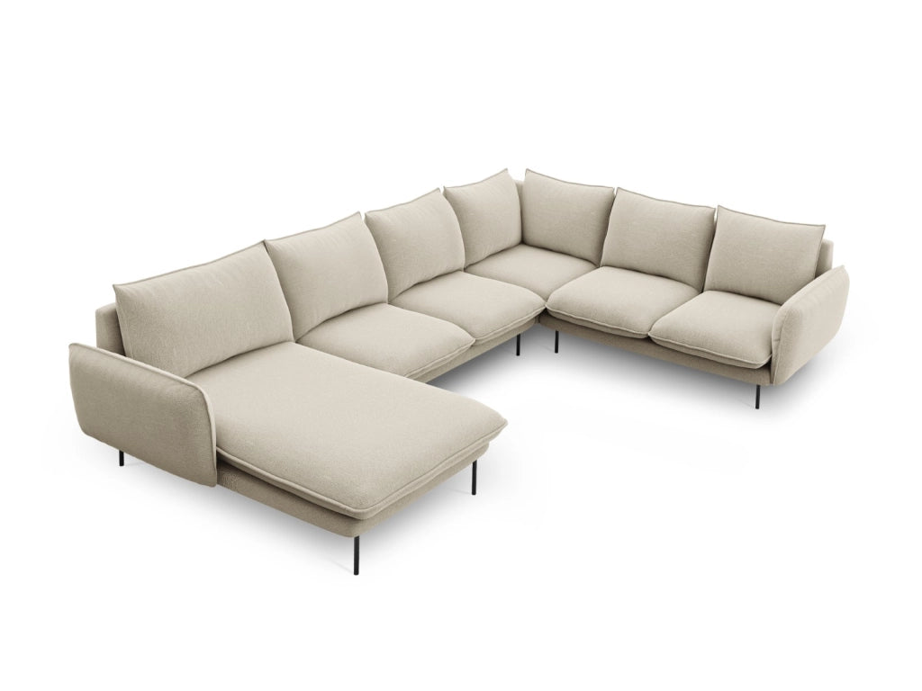 Cosmopolitan Design - Divano panoramico destro "Vienna" 7 posti in tessuto strutturato beige 