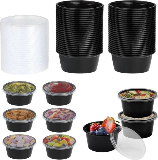 Contenitori in plastica con coperchi - 50 pezzi - 50 ml - contenitori a sospensione - ciotole a forma rotonda - scatole riutilizzabili - conservazione sicura del cibo - pasti da asporto - dips - insalate - piatti per forno a microonde con coperchio.