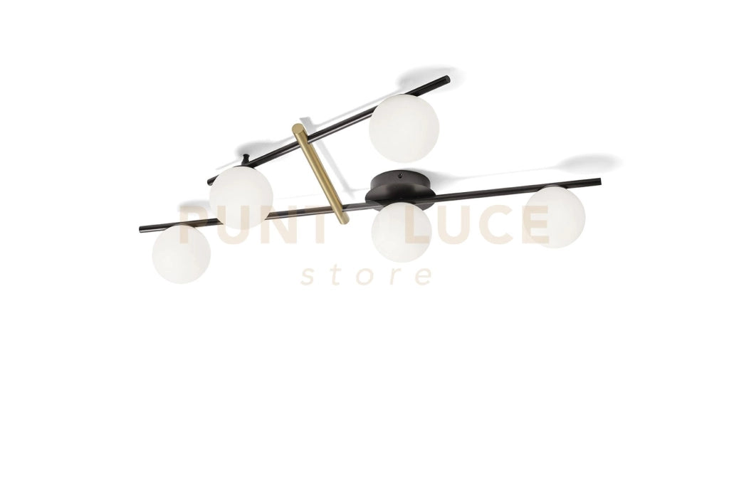 KIKA LAMPADA DA SOFFITTO 5 LUCI VETRO BIANCO STRUTTURA NERA PARTICOLARI ORO ATTACCO G9