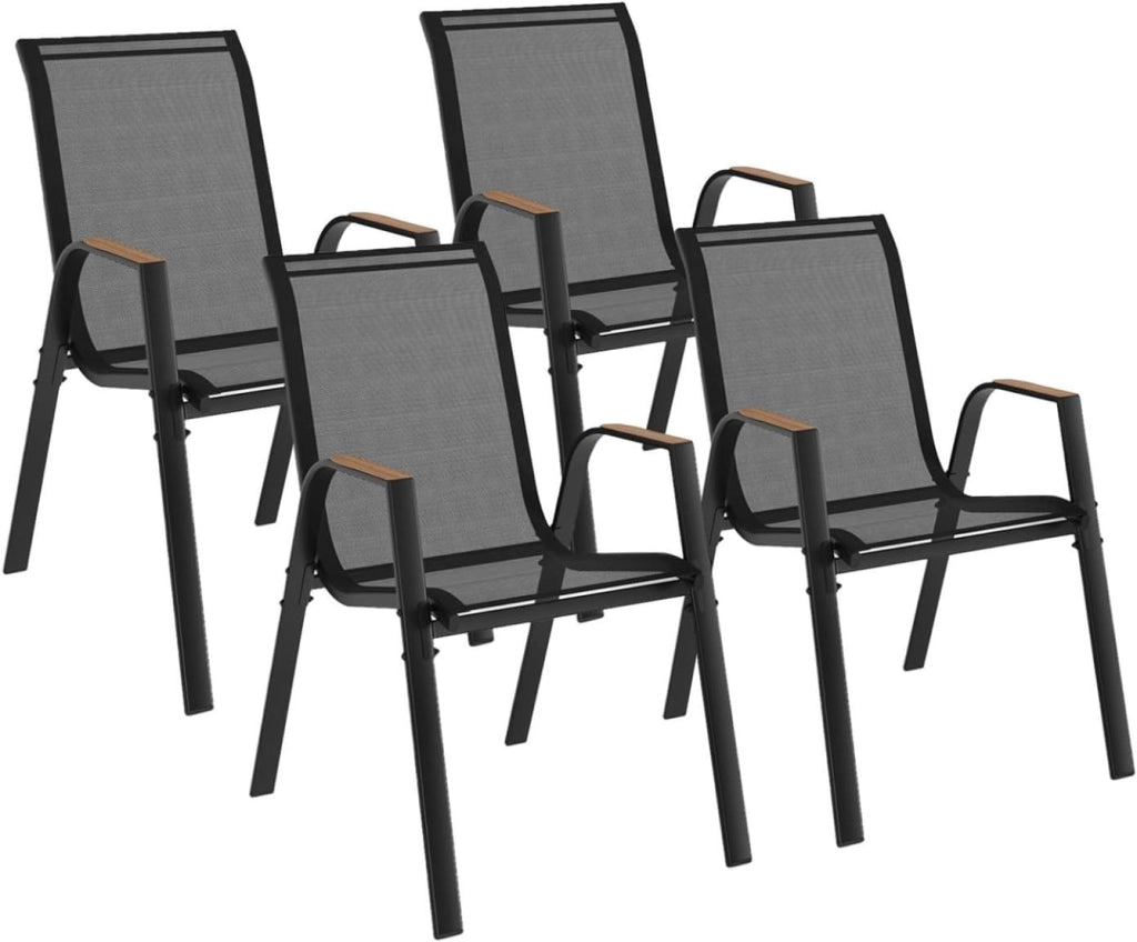 Set di 4 sedie da giardino impilabili NOUMEA in metallo e textilene, nero e legno