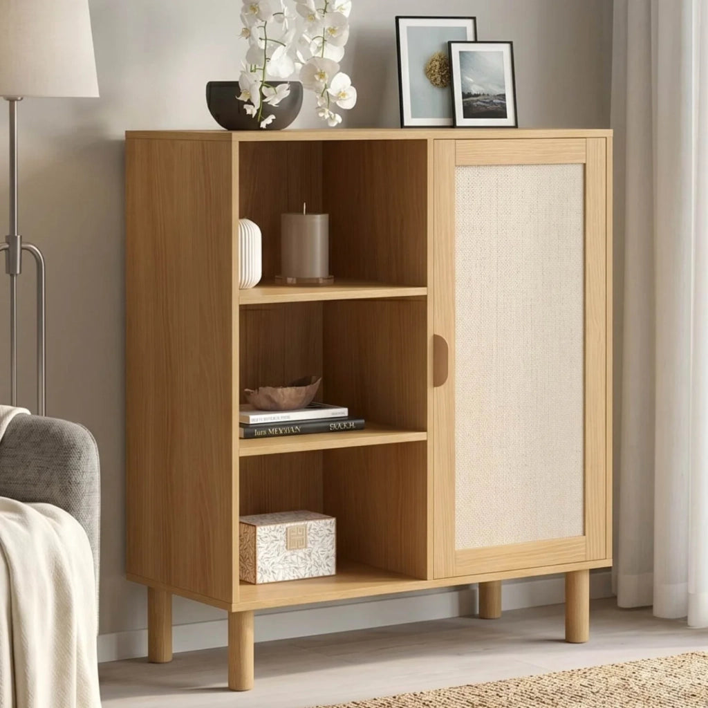 IDMarket - Credenza con 3 ripiani e armadietto 70 cm ROBIN in legno e tessuto effetto lino