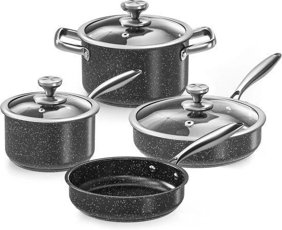 Set di Pannini in Acciaio Inossidabile - Antiscivolo - 7 pezzi di Cucina - Granito - Resistenti alla Lavastoviglie - Non Tossici
