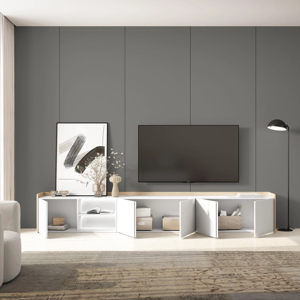 Mobile TV Soggiorno, 309x50x35 cm, Per TV fino a 80", LED, Bianco e Rovere soft