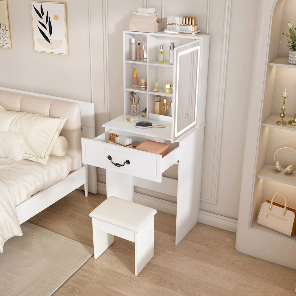 Tavolo da toeletta minimalista con specchio LED dimmerabile; spazio nascosto; sgabello imbottito; Bianco; B60×H131;5×P36cm