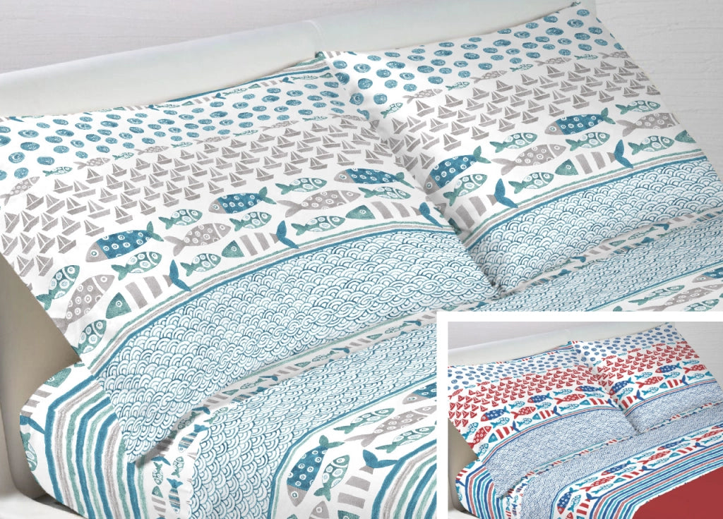 Coppia Federe Cuscino Letto Bottoni Laterali 100% Cotone Disegno Marino Pesci - Federe - Azzurro