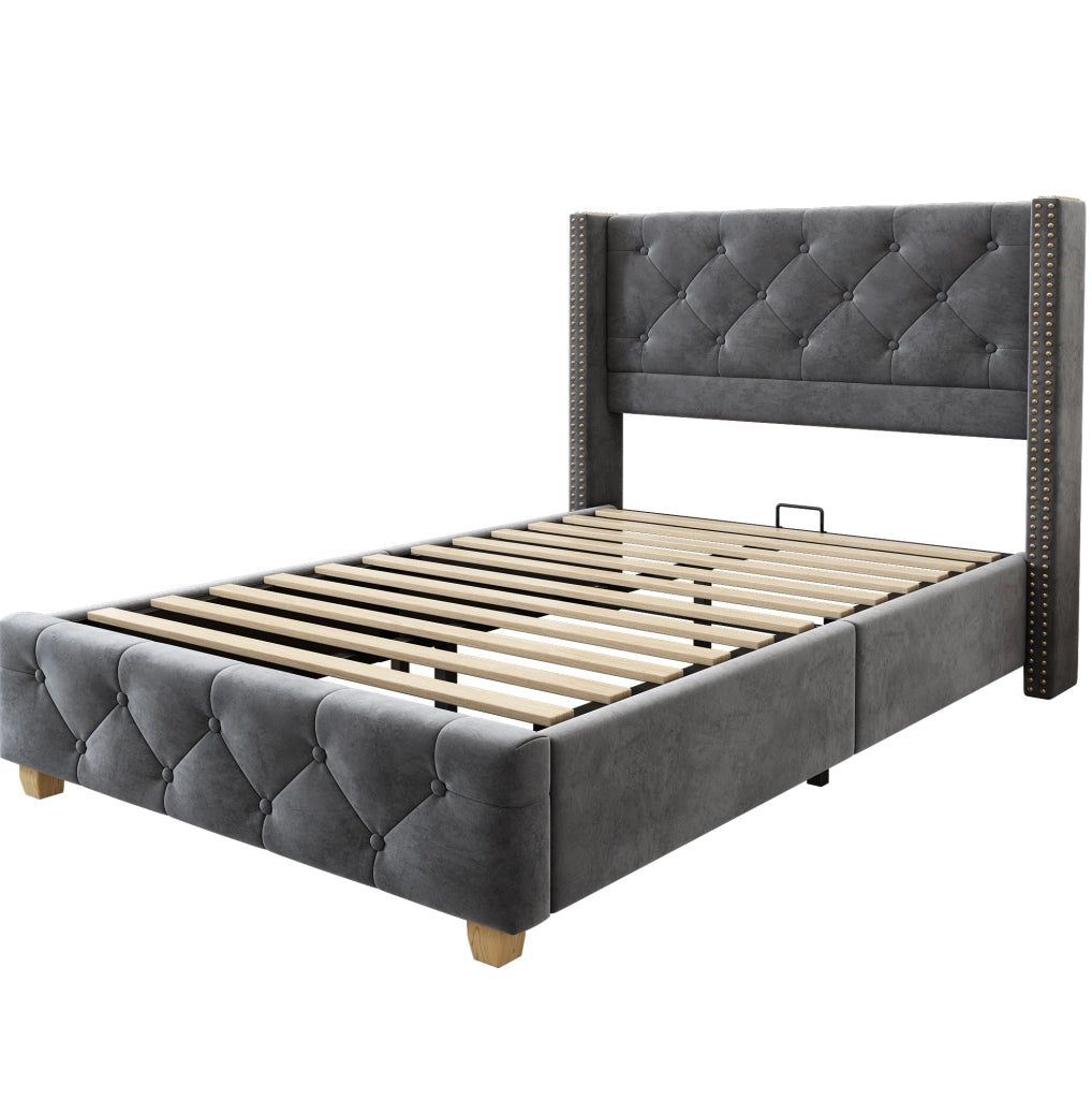 Letto imbottito 90x200 cm; testiera capitonn茅 e dettagli borchiati; velluto grigio (Senza materasso)