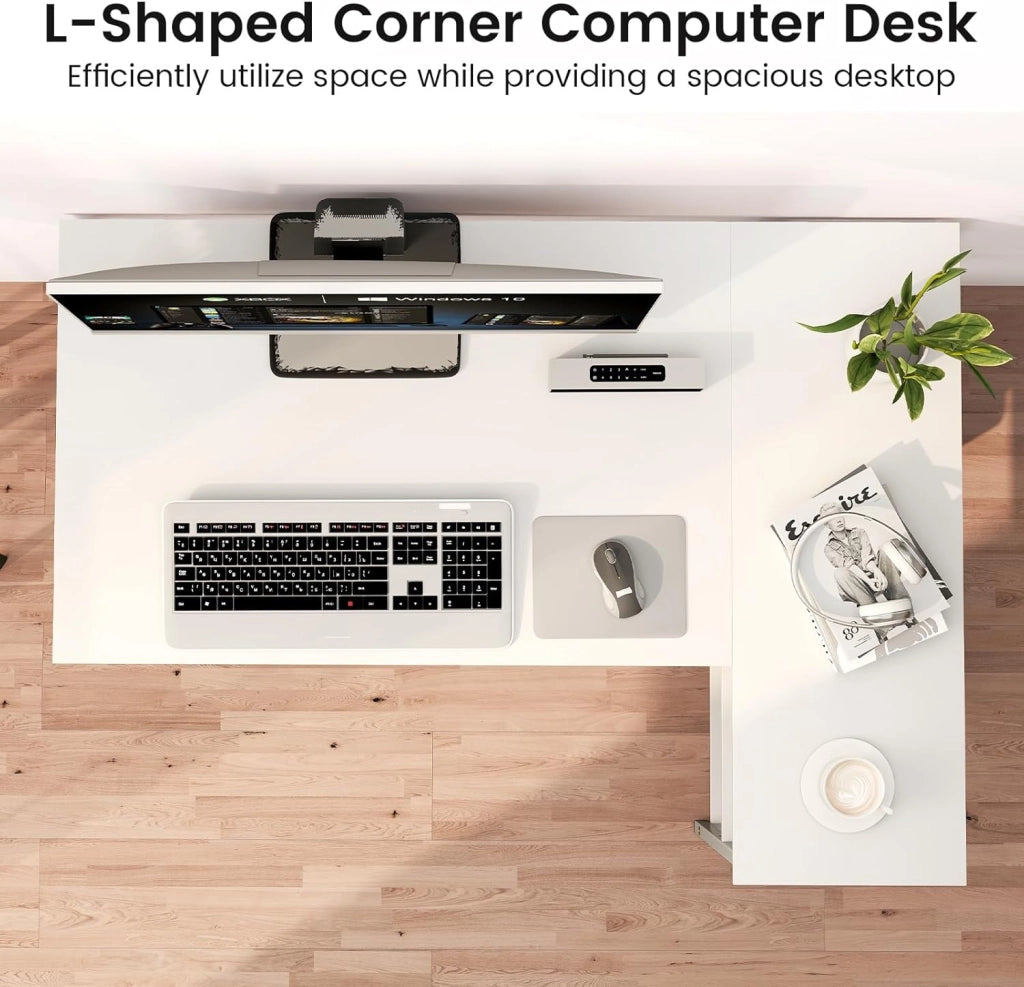 Scrivania a forma di L da 118 cm, tavolo per computer con ripiano reversibile, scrivania ad angolo moderno con ripiano regolabile, per studio, ufficio (bianco)