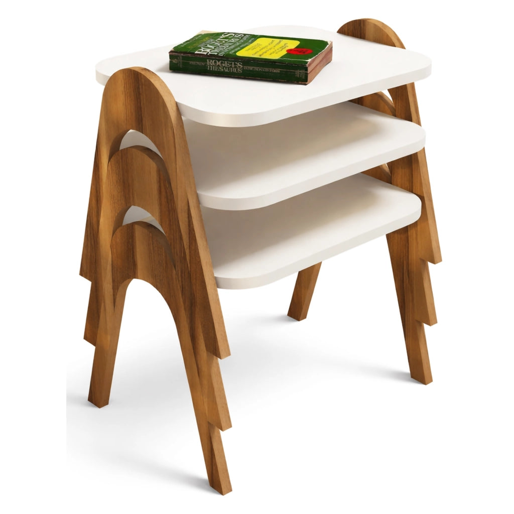Cerrione, Tavolino da Salotto set 3 Pezzi Impilabili, 49x36x42h cm Bianco Crema