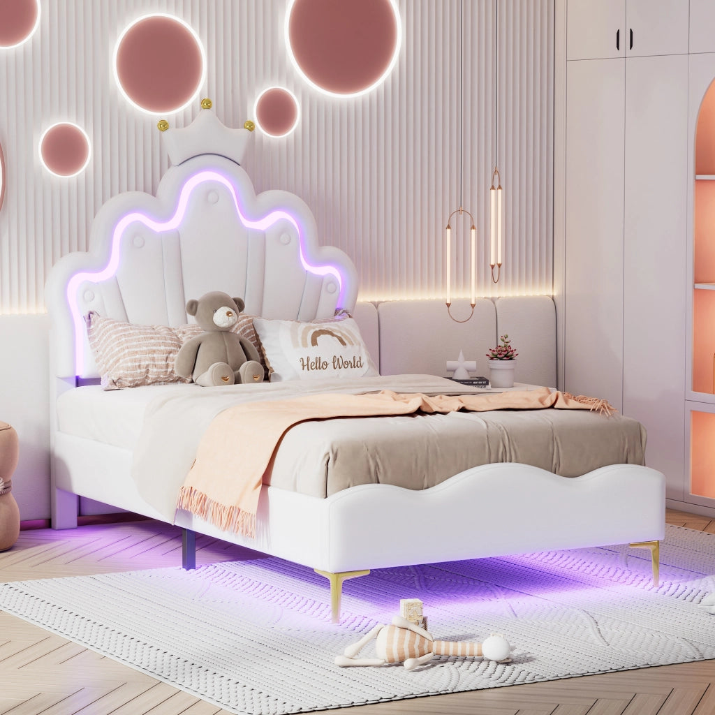 OKWISH Letto Bambini 90×200 cm, Letto Singolo con LED Regolabile, Testiera a Corona e Luce Sotto Letto, senza Materasso, PU Bianco