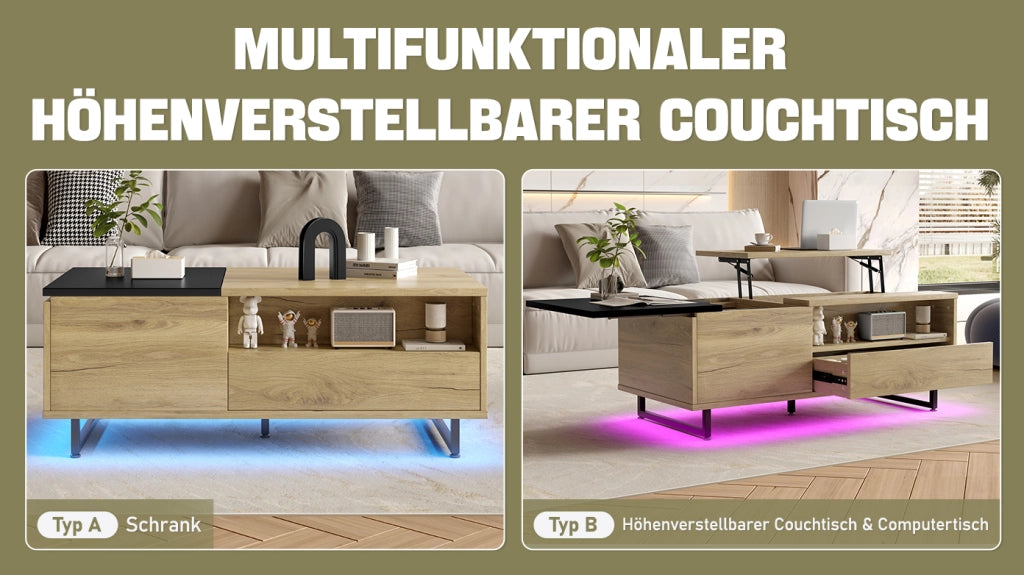 TAVOLINO ALZA PIANO 103,5x50x27,5 cm NATURALE METALLO CON LED