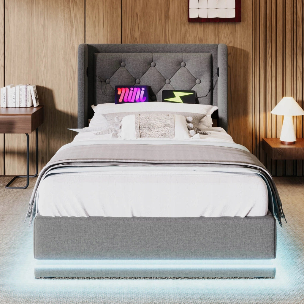 Letto imbottito 90x200 grigio - Xylo - Stelaio idraulico LED USB-C
