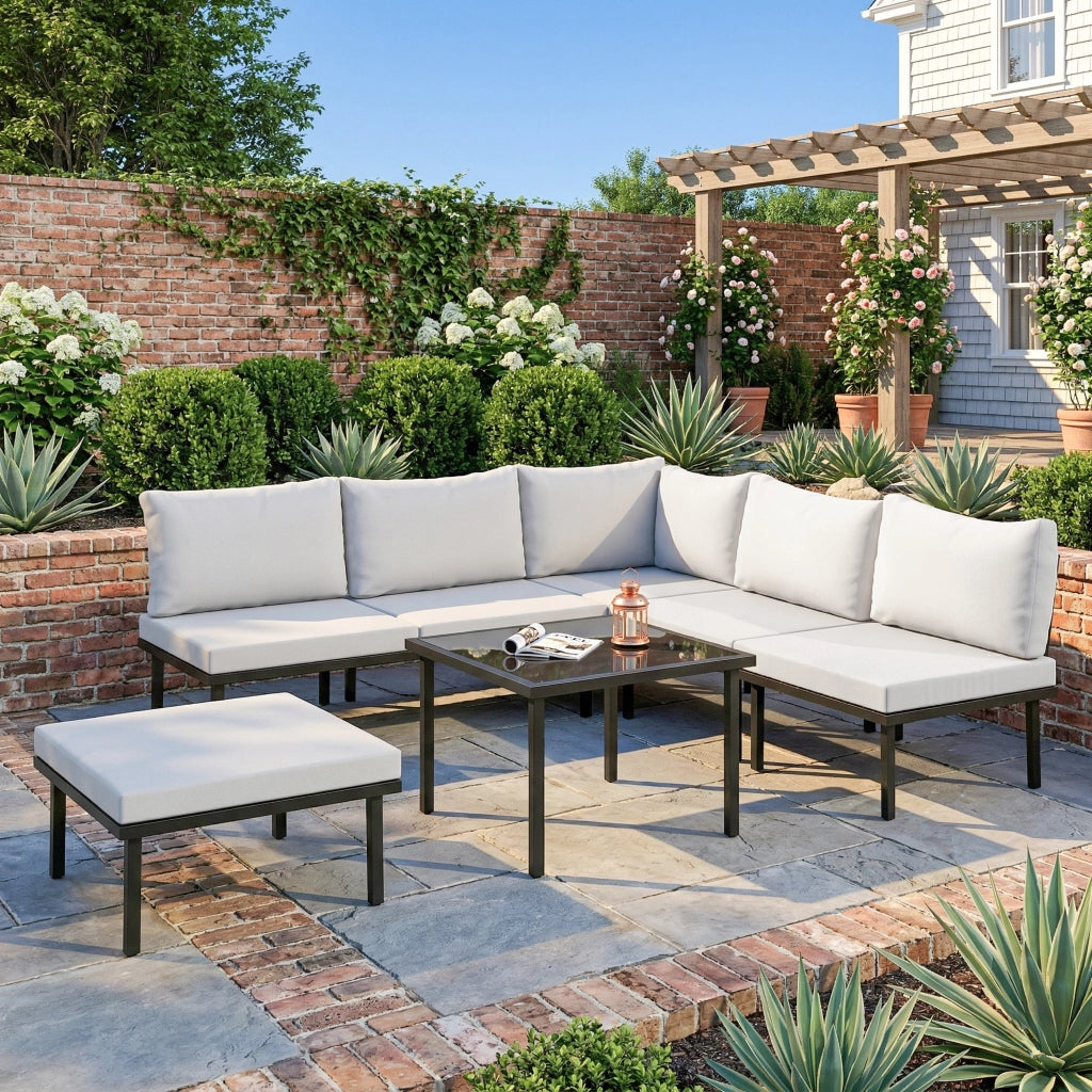 Set Mobili Giardino Metallo 6 Persone. Divano Angolare Cuscini. Grigio Chiaro