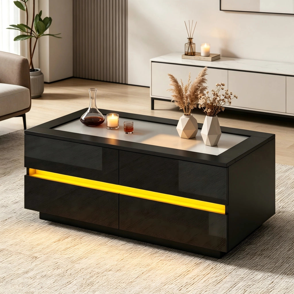 Tavolino da caffè nero con 4 cassetti, piano in vetro temperato e LED