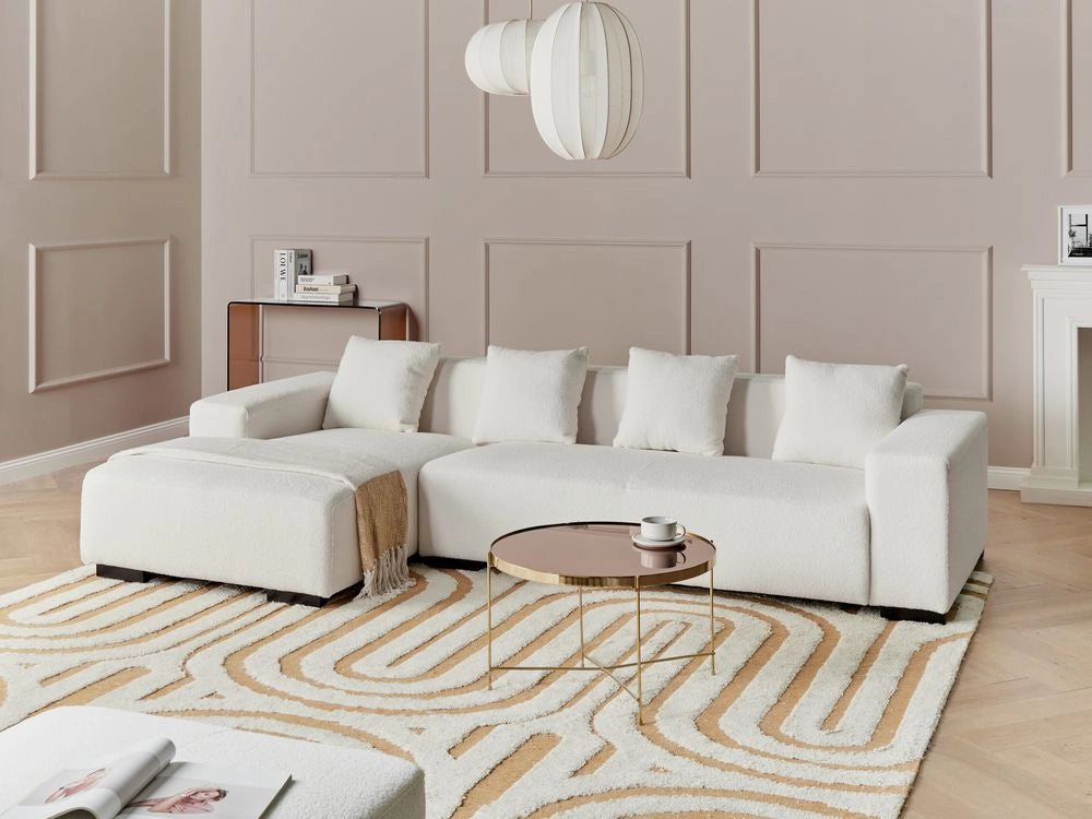 Divano angolare 4 posti in tessuto bouclè bianco lato destro forma a L stile elegante