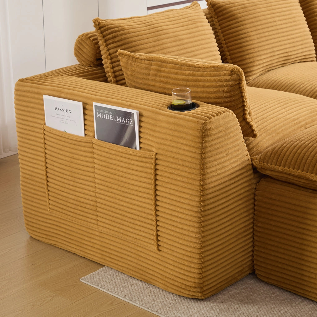 Divano modulare 256x161x75 cm con pouf e tasche laterali in velluto a coste arancione