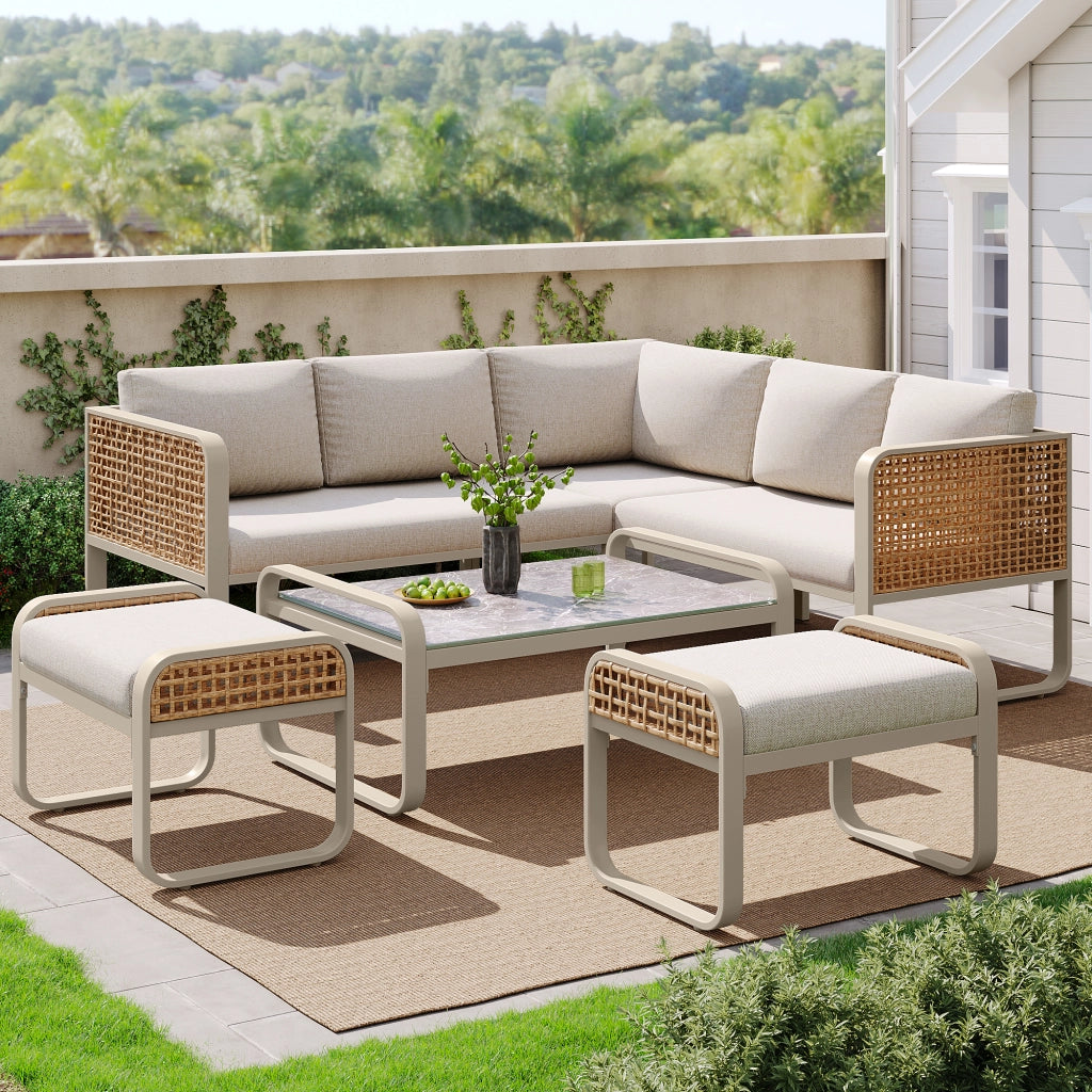 Set Divano da Giardino Angolare 6-7 Posti ¨C MINIMAL ¨C Polyrattan Beige con Cuscini