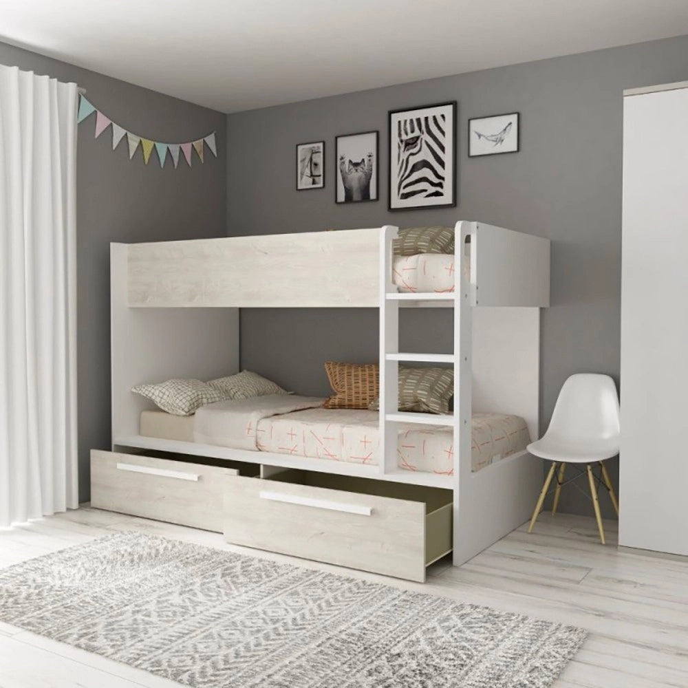 Letto a castello bianco consumato e bianco con cassettoni estraibili
