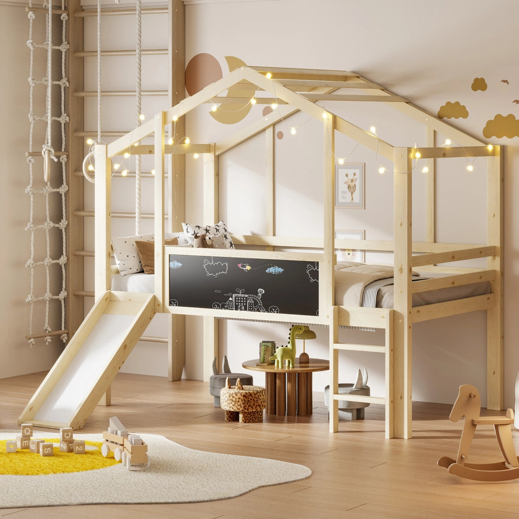 Letto a soppalco per bambini 90x200 cm con scivolo e lavagna
