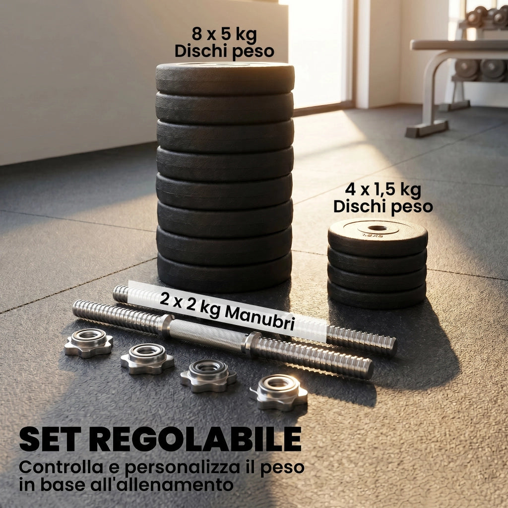 Set 12 Manubri Palestra da 50kg (8x5kg. 4x1.5kg). in Acciaio e Plastica PE. Nero