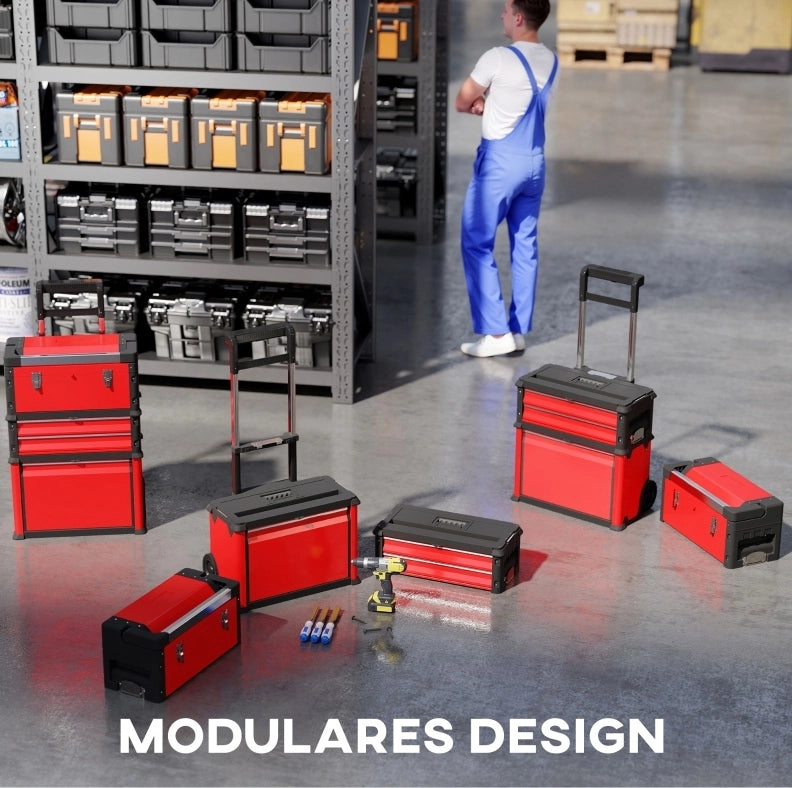 Carrello portautensili modulare rosso con 3 unità