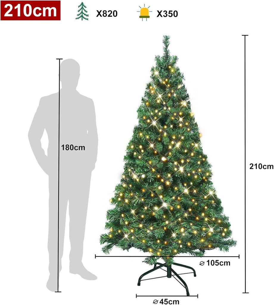 Albero di Natale artificiale con illuminazione, 210 cm, in PVC, albero di Natale artificiale, con 350 LED e supporto, decorazione natalizia, verde