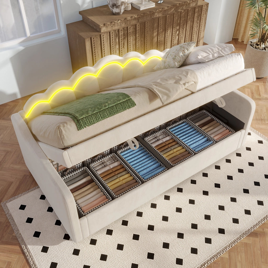 Divano letto singolo 90x200 cm in velluto con contenitore idraulico e LED, beige