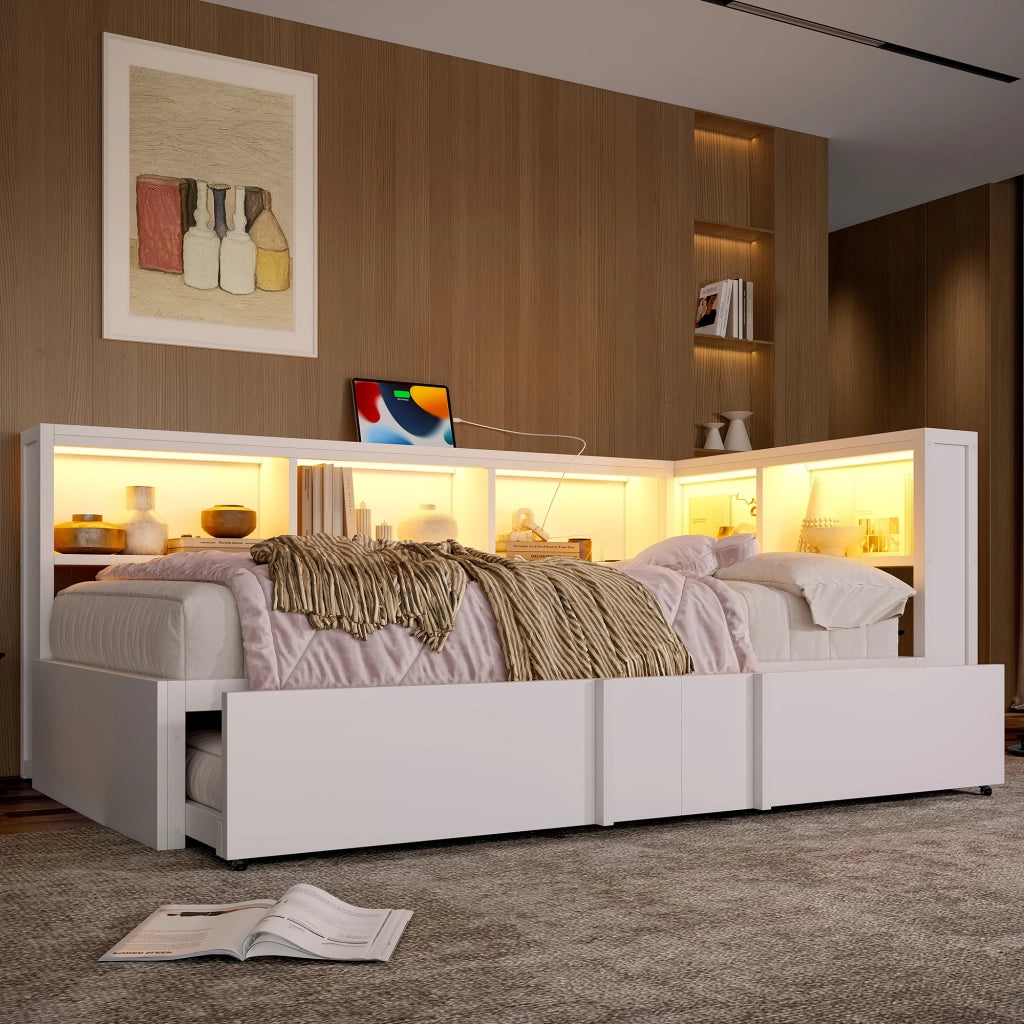 LETTO Divano 90x200 cm con letto estraibile, 5 armadietti, LED, USB, Bianco