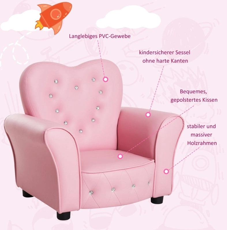 Poltroncina per bambini rosa in PVC e legno massello