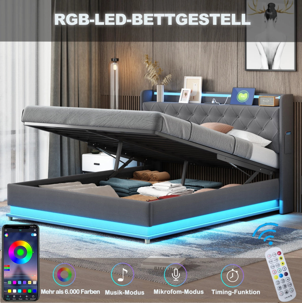 Letto imbottito LED 140x200 cm grigio con USB e contenitore