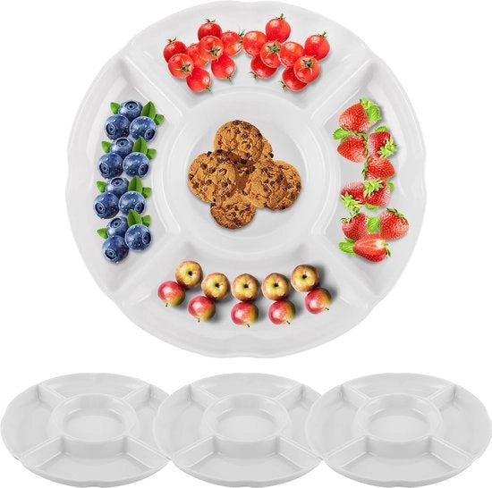 Pacco di 4 piatti per snack rotondi, piatti per snack con 5 contenitori, piatti per bambini, piatto per snack in plastica, piatto per snack in plastica, piatto rotante per snack, piatti con divisioni, piatto per frutta per dessert, bianco