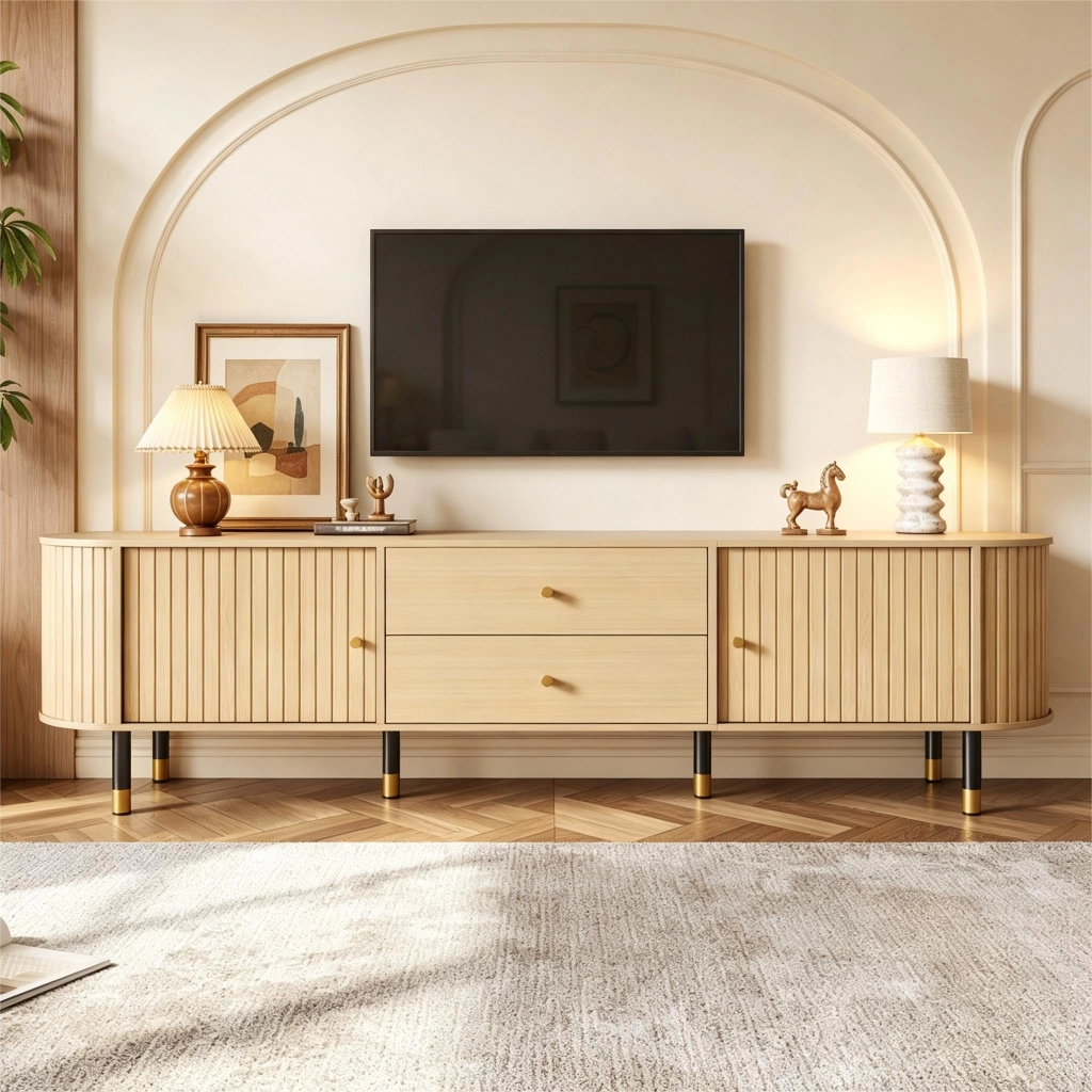 Mobile porta TV con 2 cassetti e 2 ante, passacavi e 6 gambe, per soggiorno, 180 × 40 × 58 cm, in MDF, naturale