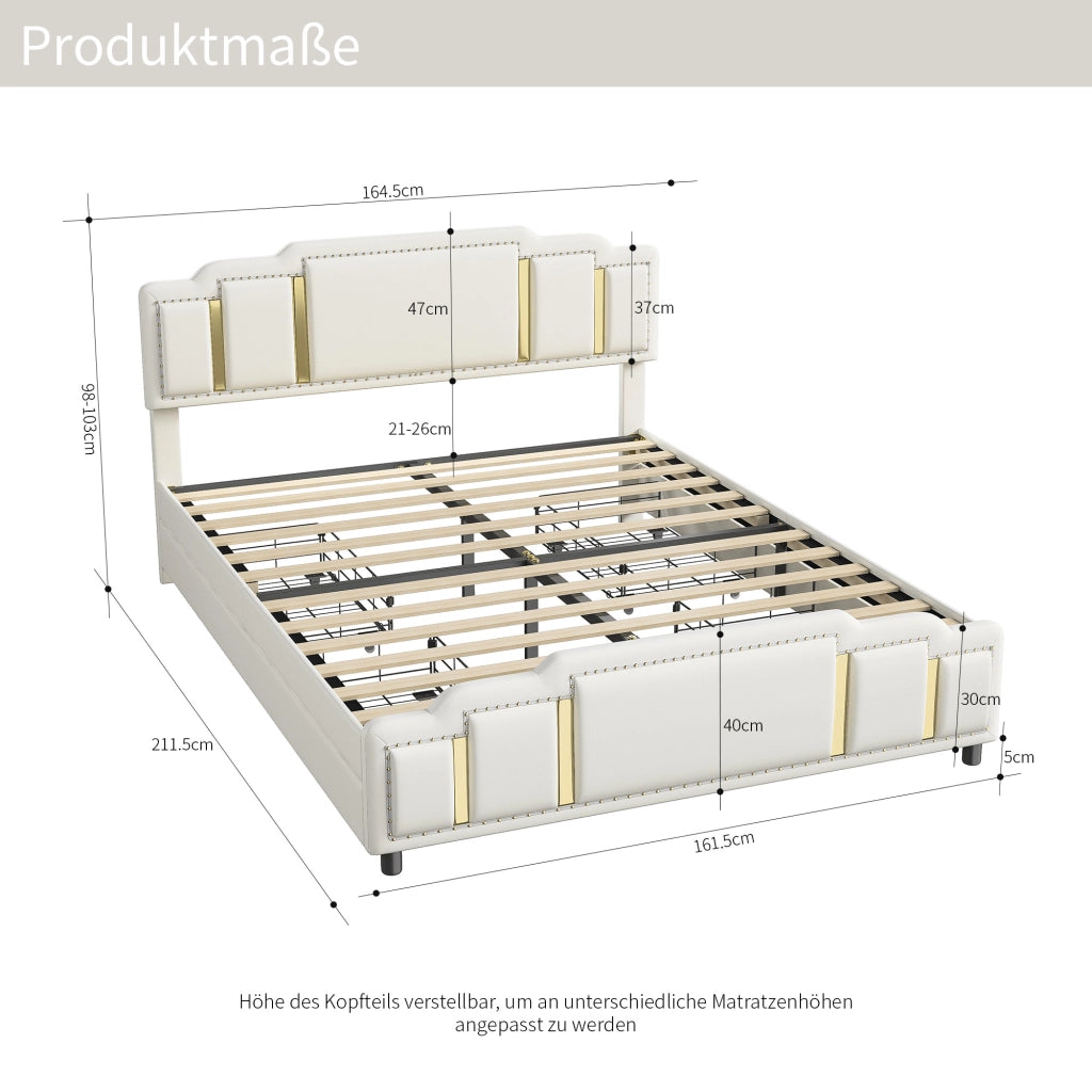 Letto con cassetti 160 × 200 cm con illuminazione LED a 7 colori, 4 cassetti, senza materasso, in velluto beige