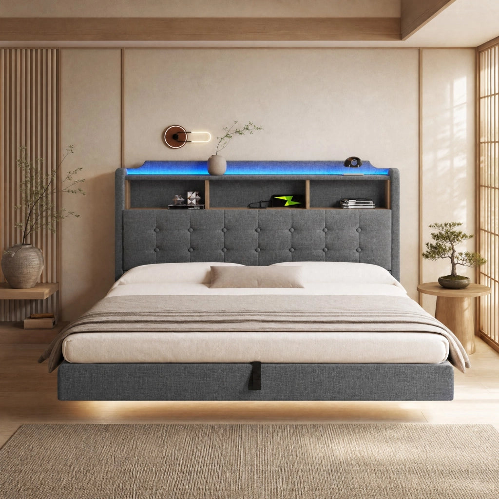 Letto contenitore 180 × 200 cm; letto matrimoniale con LED; USB; Type-C e vano idraulico; senza materasso