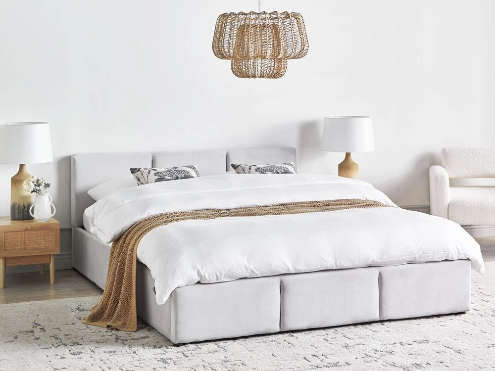 Letto Ottomano Grigio Chiaro Velluto Tappezzato 160 x 200 cm Testiera Travestita Funzione Contenitore