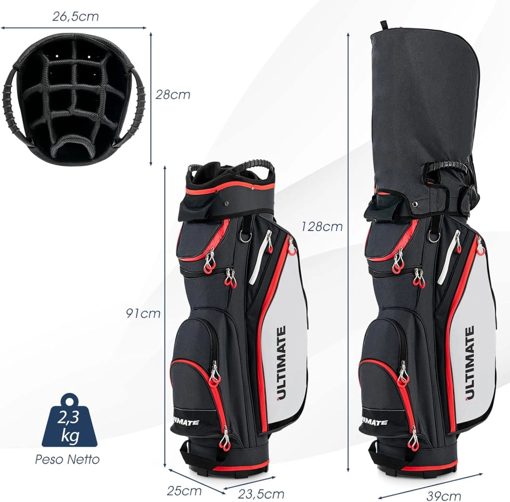 Borsa da Golf Leggera e di Grande Capacità, Sacca da Golf con 14 Divisori, 8 Tasche, Cappuccio Antipioggia, Tracolla, Borsa Termica per Bevande, Ideale per Uomini e Donne (Nero)