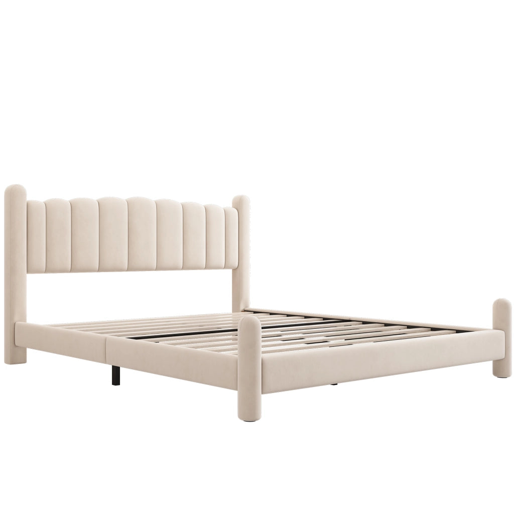Letto 180x200 cm con rete a doghe e testiera ondulata in velluto beige