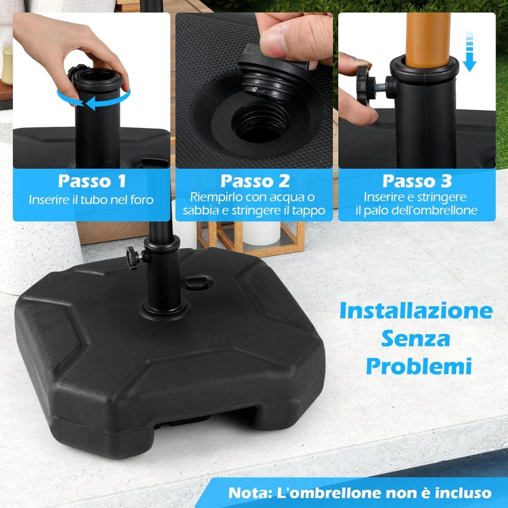 Base per Ombrello Riempibile, Base per Ombrello Pesante 17,5 Litri / 30 kg Riempibile con Acqua o Sabbia, per Poli da Ombrello da 38/48mm, Supporto per Ombrello Giardino Piscina
